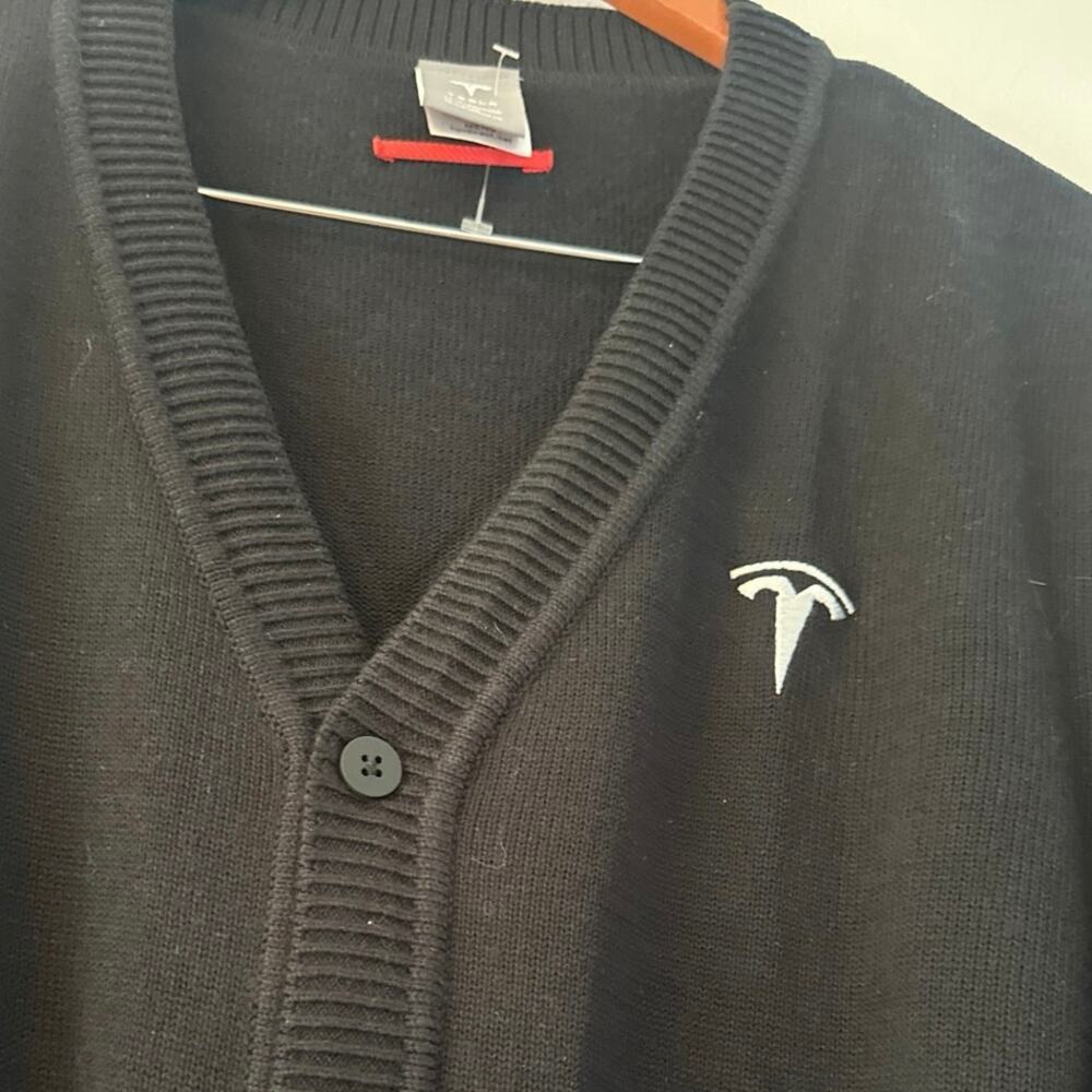 Tesla Classic Cardigan Sweater large Button Up Black V-Neck office wear New!